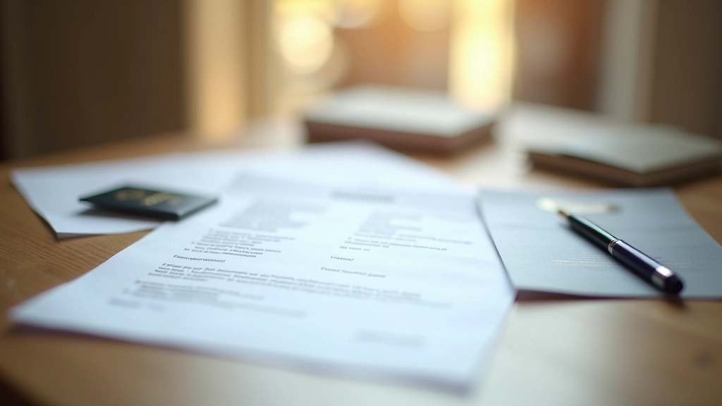 Documents d'identité et passeport sur bureau avec stylo, vérification d'identité en cours, lumière naturelle douce, composition ordonnée