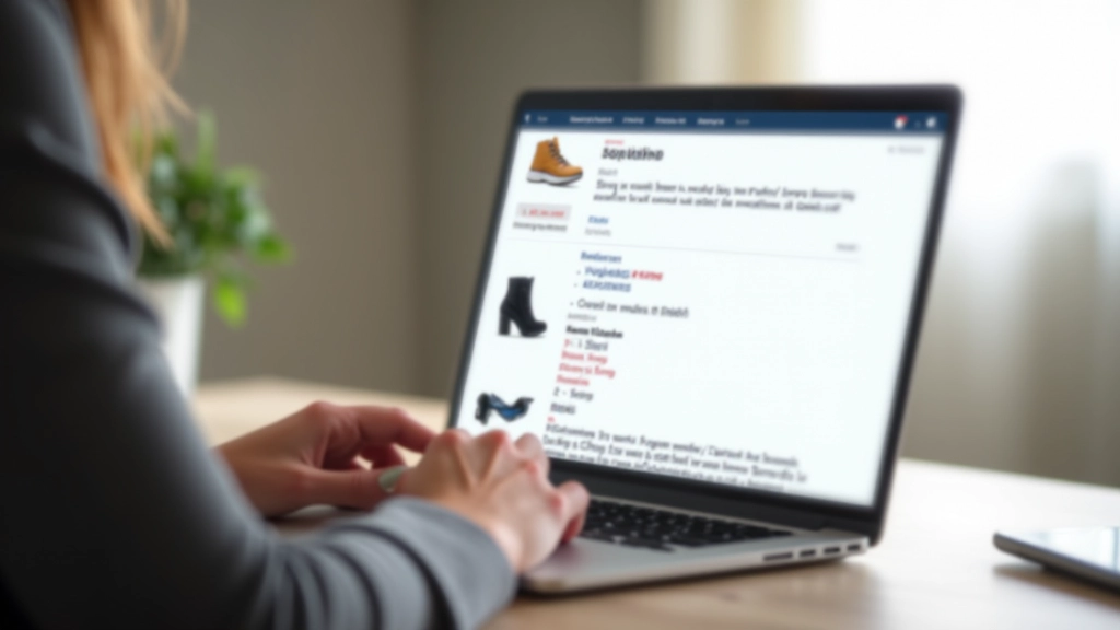 Ordinateur portable affichant une page de description de produit avec texte bien formaté, puces, et photos miniatures, éclairage de bureau