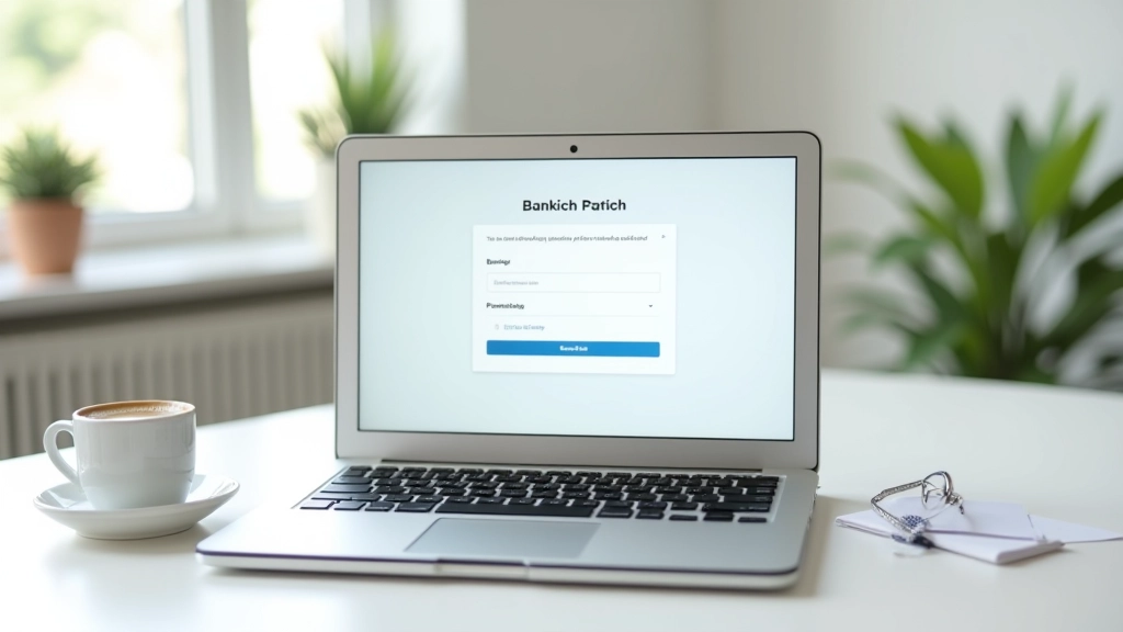 Ordinateur portable affichant un formulaire d'informations bancaires, bureau avec plante et café, environnement professionnel calme