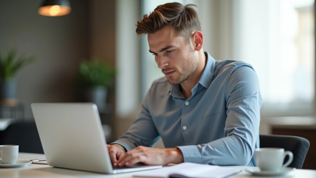 Personne travaillant sur ordinateur portable avec bloc-notes et café, espace de travail moderne et organisé