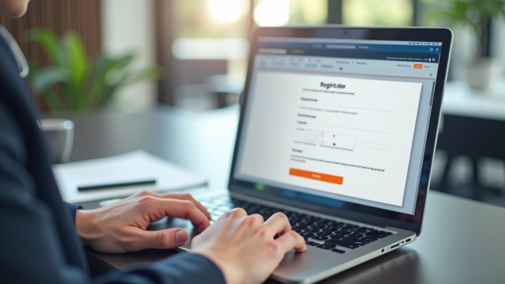 Formulaire d'inscription sur écran avec champs à remplir, clavier visible, main sur souris, bureau professionnel bien éclairé
