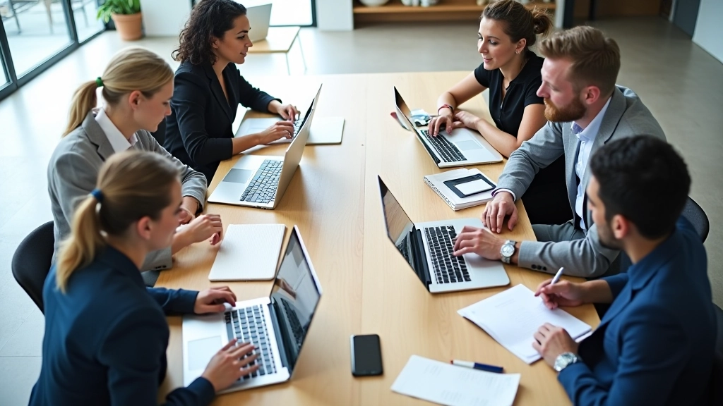 Équipe collaborant autour d'une table avec documents et ordinateur portable, environnement de travail créatif