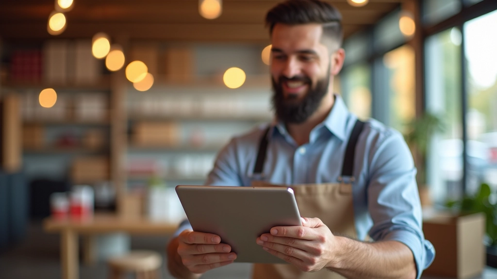 Vendeur préparant ses produits pour la vente en ligne avec des emballages et une tablette